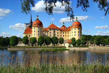 Moritzburg castle reflecting in the lake under blue sky in Saxony, Germany