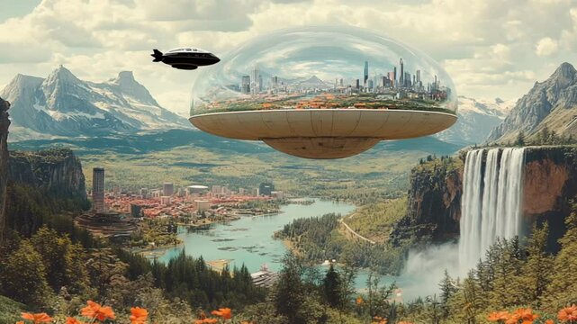 Floating dome city over a lush valley with waterfalls in cutout collage. Retro Cutout Collage Style