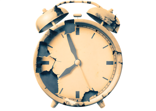 Old broken alarm clock with cracks, vintage style isolated on white background PNG