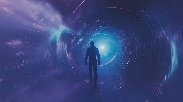 Astronaut silhouette walking inside a colorful wormhole in space with a bright light at the end suggests concepts of space travel, quantum physics, and the search for extraterrestrial life