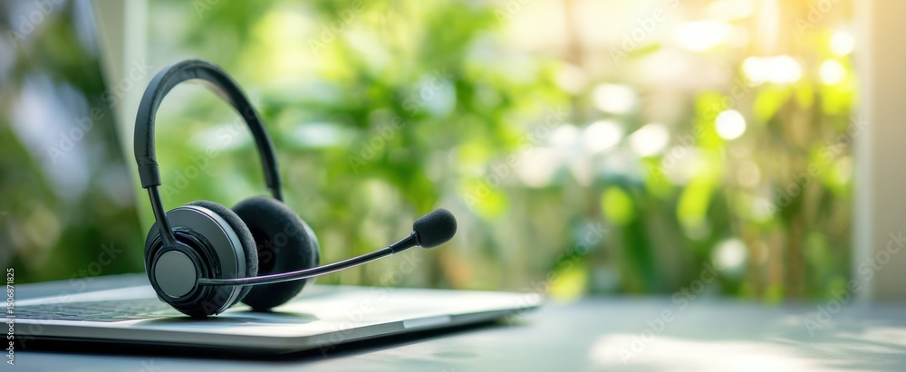 Poster the headset resting on a laptop in an inviting workspace with nature views.