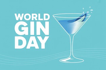 World gin day celebration with martini glass and blue liquid on a light blue background