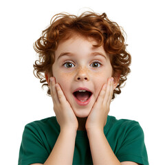 Expressive kid vibrant red curly locks gasping surprise hands face disbelief today