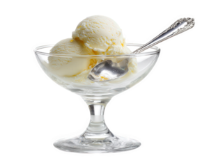 Creamy vanilla ice cream scoops served in clear glass dessert bowl, accompanied by silver spoon, evoke sense of indulgence and delight. Perfect for warm days or special occasions