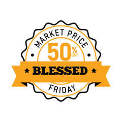A vibrant badge showcasing a special offer of 50% discount available on Friday. The design features a bold Blessed label, emphasizing the promotional event's festive spirit.