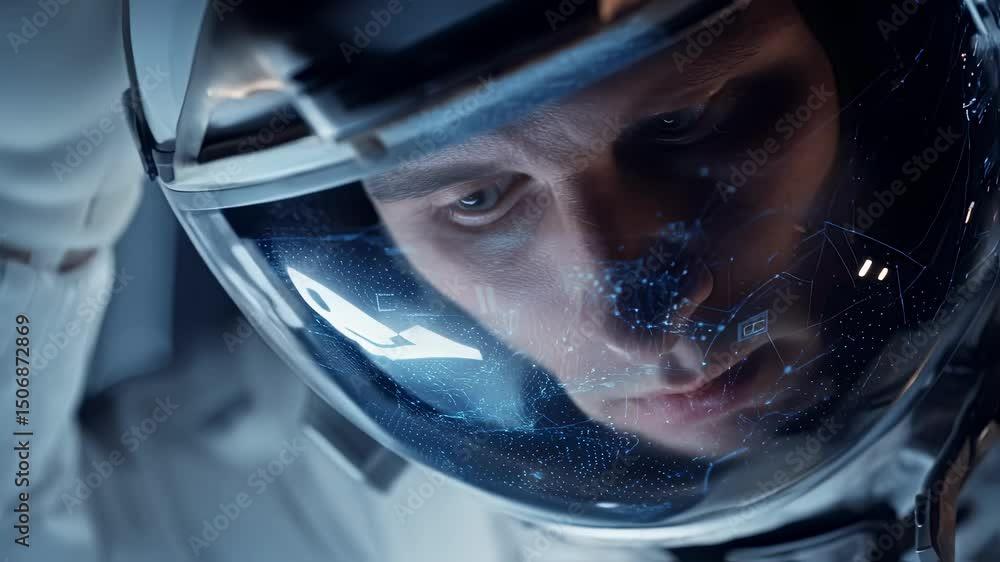 Poster astronaut in space suit is analyzing holographic data projected on his helmet visor, showcasing adva