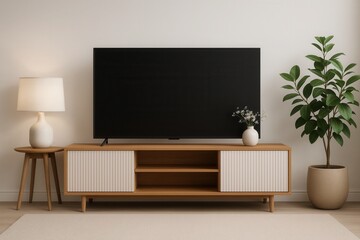 Modern Living Room Interior Mockup Cabinet for TV Place Object Lamp Table Flower Plant Contemporary Home Decor Design Presentation Template Scene