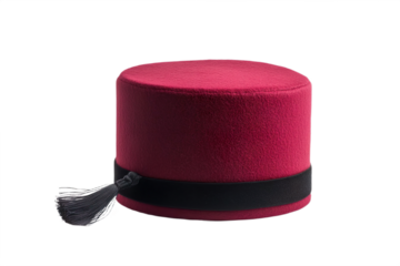 Simple & minimalistic, single colour, ultra high quality fez hat, deep crimson red, cylindrical shape, black tassel isolated on transparent background
