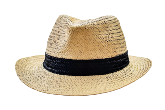Simple & minimalistic, single colour, ultra high quality panama hat, ivory woven straw, black band, dented crown isolated on tranparent background