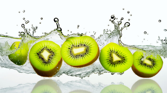 Fresh green kiwi slices splash into clear water, highlighting a healthy, juicy, and tropical fruit