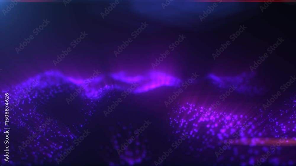 Poster vibrant digital particle grid with purple light beams and floating points, simulating a 3d data netw