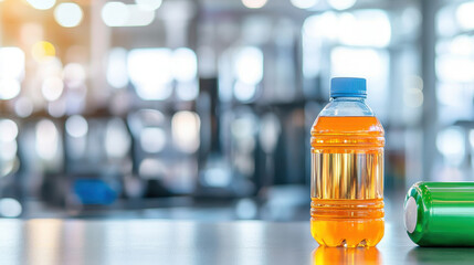 Vibrant sports drink bottle sits on table, reflecting workout environment filled with energy and motivation