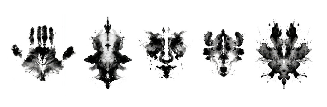 Set of black and white inkblot shapes for Rorschach psychology test
