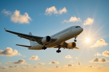 Fototapeta premium Majestic Passenger Airplane Soaring Through Clear Blue Sky Fluffy White Clouds Golden Sun Rays on Wings Aviation Beauty Freedom Travel Concept Photography