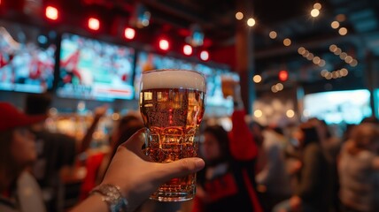 Celebrating with friends while enjoying a cold beer at a lively bar during a sports event