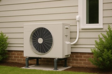 Air Source Heat Pump Installed Residential Building Outdoor Unit Sustainable Heating Cooling System Energy Efficient Home Technology HVAC Concept Photography Style