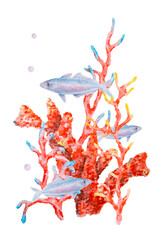 Watercolor illustration of vibrant red coral branches with small blue fish and air bubbles. Underwater marine scene perfect for sea-themed designs, prints, and ocean-related projects.