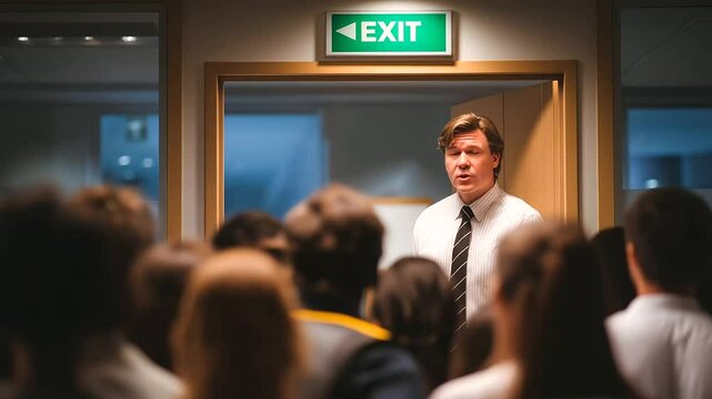 2_Office evacuation training with fire exit sign and whistle