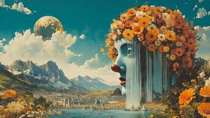 Elegant floral statue woman with waterfall hair in a mountain dream world. Retro Cutout Collage Style
