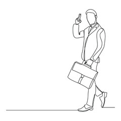 Continuous line drawing of happy young business man holding briefcase suitcase money case. Single one line art of office worker. Vector illustration