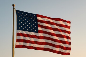 American Flag Waving Proudly in the Wind USA National Symbol Patriotism Freedom Democracy Concept Realistic Fabric Texture Clear Sky Background Photography Style