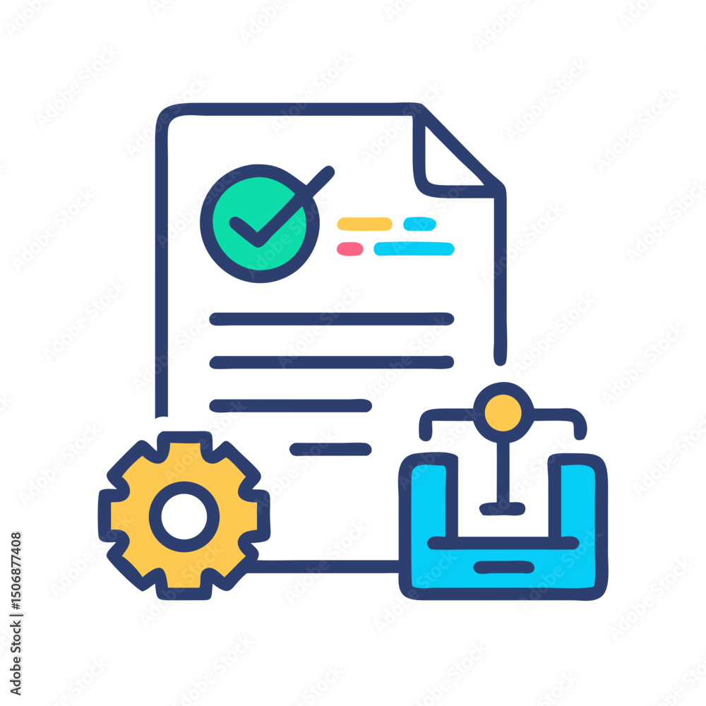 Poster software development process with document and gear in flat style