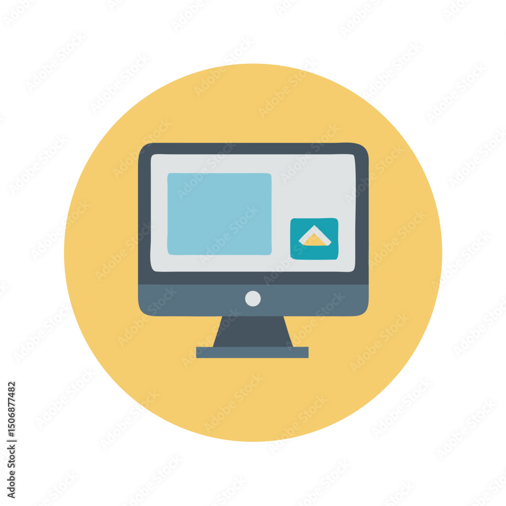 Poster stylized computer icon within a circular backdrop illustration