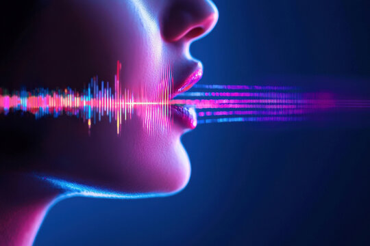 Close up of woman profile with colorful sound waves emanating from her mouth, symbolizing voice and speech