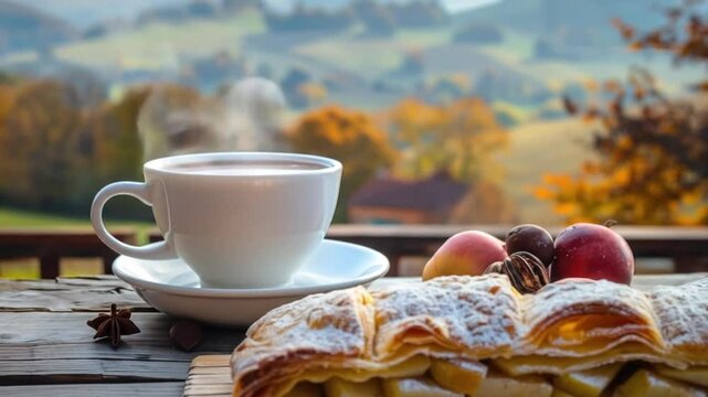 An appetizing piece of apple strudel with a cup of hot tea on the open terrace of an outdoor cafe with a beautiful autumn landscape on a sunny day