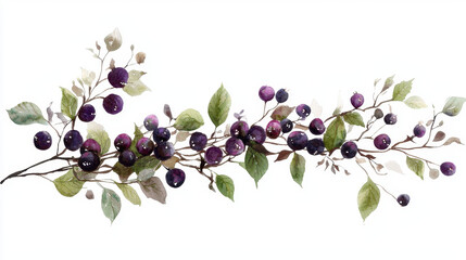 Watercolor botanical illustration of purple berries and green leaves, showcasing nature beauty and elegance
