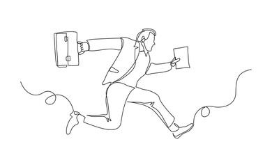 Continuous line drawing of happy young business man holding briefcase suitcase money case. Single one line art of office worker. Vector illustration