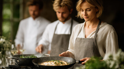 Culinary teamwork: Focused chefs in an elegant kitchen collaborate on creating a gourmet dish, showcasing culinary expertise and passion.