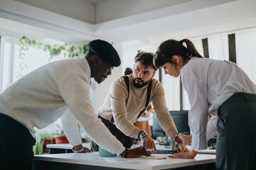 Focused people work together around a table during a productive office business meeting. The bright...