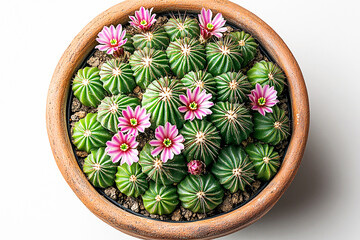 Floral decoration. Cactus with spines and small flowers in pot on a white background. Top view.
