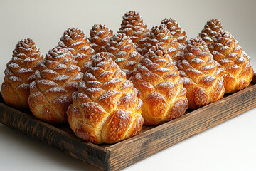 For restaurants blogs. Christmas buns in the shape of a pine cone in on a wooden trading tray on a white background.