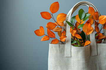Autumn mood. Perfect for promoting sustainable lifestyle. Reusable shopping bag made of fabric with a branches with yellow leaves on a white background.