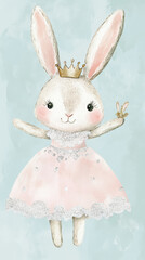 Obraz premium Princess Bunny in a Pink Dress. A watercolor illustration depicts a charming princess bunny with a crown and a tiny bunny in her hand, dressed in an elegant pink dress.