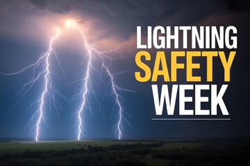 Lightning safety week with bolts of lightning striking the ground during a storm at night