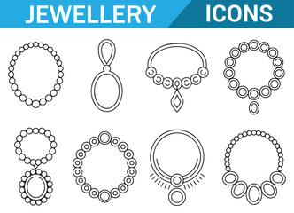 Fashion Necklace Icon Set, Black and White Outline Jewelry Designs