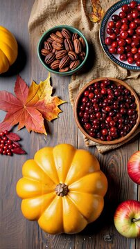 Autumn harvest arrangement with pumpkin, apples, nuts, and berries  