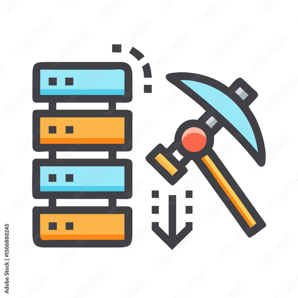 Poster data mining server concept with pickaxe on white background