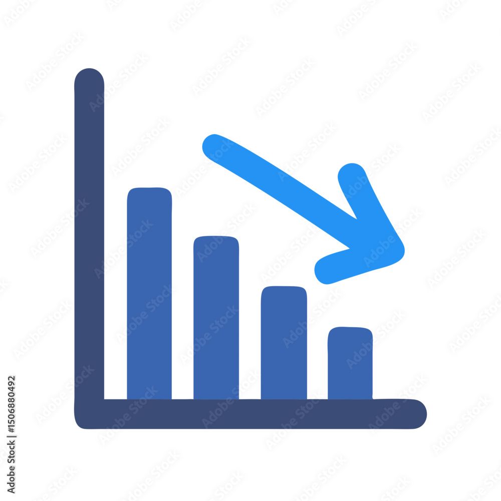 Poster decreasing bar graph with downward arrow over white background