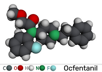 Ocfentanil molecule. Synthetic opioid analgesic structurally related to fentanyl. Molecular model. 3D rendering