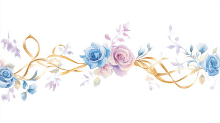 Watercolor Roses and Golden Ribbon. A watercolor illustration features roses, ribbons, and delicate foliage in soft colors.