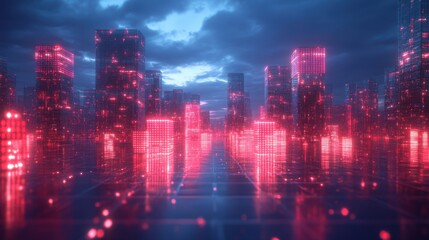Futuristic Digital Cityscape with Neon Lights and Cloudy Sky