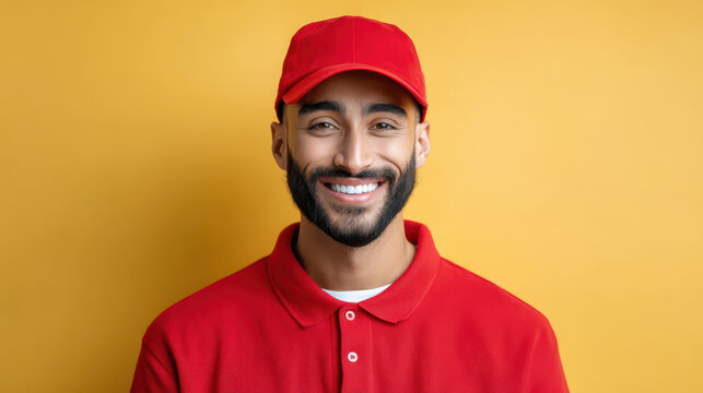 Smiling Delivery Person: A friendly delivery person, clad in a red uniform and cap, beams a welcoming smile, showcasing professionalism and approachability against a vibrant yellow backdrop.