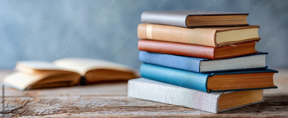 Poster the stack of colorful books resting on a rustic wooden table.