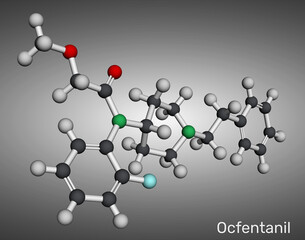 Ocfentanil molecule. Synthetic opioid analgesic structurally related to fentanyl. Molecular model. 3D rendering