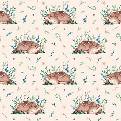 Seamless pattern with sleeping deer hand drawn with watercolor. Cute little deer, floral elements. Gender neutral digital paper. For kid textile, fabric, clothing, cards, wallpaper