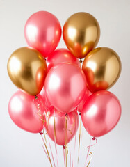 Pink and gold balloons on a white background. AI generated.